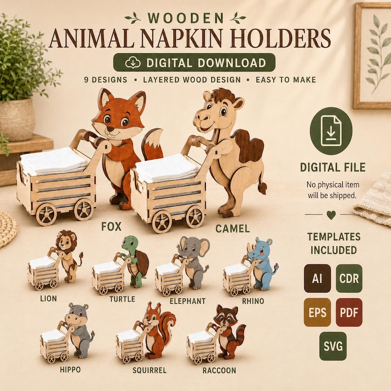 Pode incluir: Um conjunto de download digital de 9 porta-guardanapos de madeira com animais: raposa, camelo, le&atilde;o, tartaruga, elefante, rinoceronte, hipop&oacute;tamo, esquilo e guaxinim. Cada design mostra um animal empurrando um carrinho. Inclui arquivos AI, CDR, EPS, PDF e SVG.