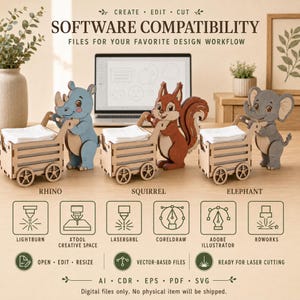 Pode incluir: Tr&ecirc;s figuras de animais em madeira, um rinoceronte, um esquilo e um elefante, cada um empurrando um pequeno carrinho de madeira. O texto diz SOFTWARE COMPATIBILITY, FILES FOR YOUR FAVORITE DESIGN WORKFLOW, LIGHTBURN, XTOOL CREATIVE SPACE, LASERGRBL, CORELDRAW, ADOBE ILLUSTRATOR, RDWORKS, OPEN, EDIT, RESIZE, VECTOR-BASED FILES, READY FOR LASER CUTTING, AI, CDR, EPS, PDF, SVG, Digital files only. No physical item will be shipped.