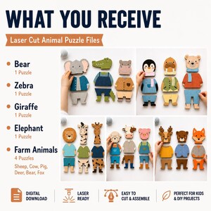 May include: A digital download set of laser cut animal puzzle files featuring various creatures including a bear, zebra, giraffe, elephant, sheep, cow, pig, deer, and fox. Each puzzle consists of interchangeable wooden head and clothing pieces.