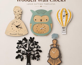 Paquete de archivos SVG de relojes de madera para niños / Diseños de búhos, árboles, globos y trenes (descarga digital)