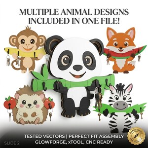 Animal Key Holder SVG Bundle with fox, hedgehog, zebra, donkey, panda, otter, turtle, monkey and cow laser cut files. Dimensions for each design shown. Digital download for Glowforge, xTool and CNC.