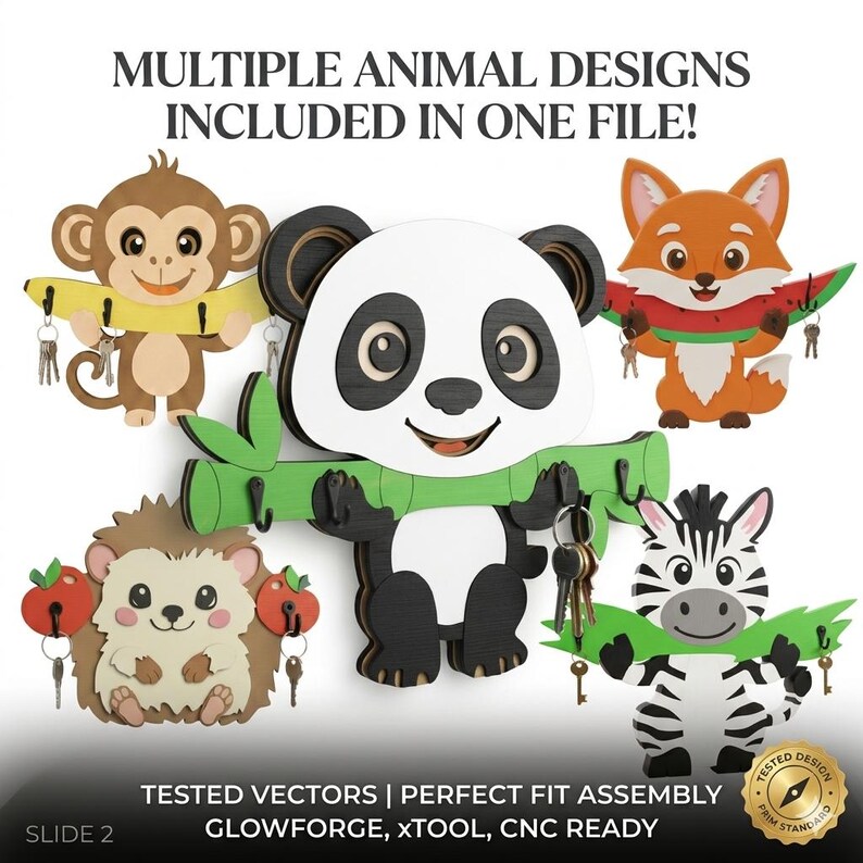 Animal Key Holder SVG Bundle with fox, hedgehog, zebra, donkey, panda, otter, turtle, monkey and cow laser cut files. Dimensions for each design shown. Digital download for Glowforge, xTool and CNC.