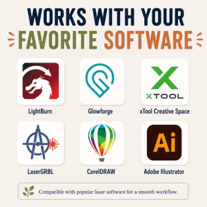 May include: A graphic displaying the text WORKS WITH YOUR FAVORITE SOFTWARE above six icons representing LightBurn, Glowforge, xTool Creative Space, LaserGRBL, CorelDRAW, and Adobe Illustrator, with a footer stating Compatible with popular laser software.
