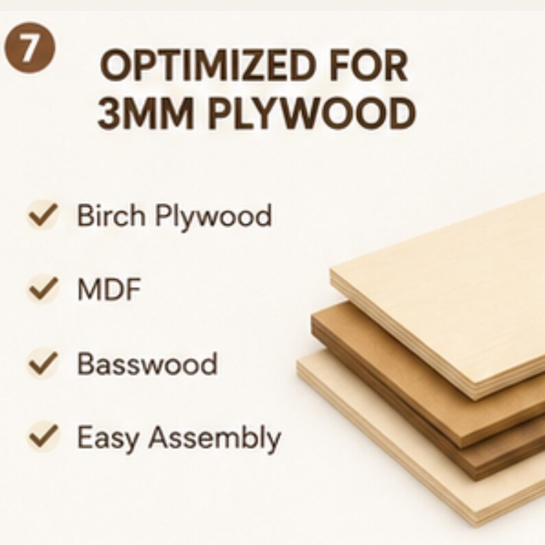 May include: A stack of three rectangular wooden boards in varying light brown tones. Text on the left reads: 7 OPTIMIZED FOR 3MM PLYWOOD, Birch Plywood, MDF, Basswood, and Easy Assembly, each preceded by a brown checkmark icon.