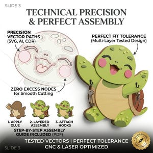 May include: A multi-layered wooden turtle wall hook featuring a green and tan design with two black metal hooks for keys. The image includes technical diagrams showing vector paths, assembly steps, and text: TECHNICAL PRECISION & PERFECT ASSEMBLY.