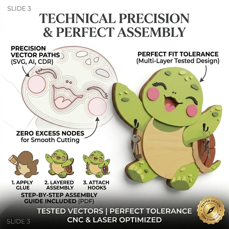 May include: A multi-layered wooden turtle wall hook featuring a green and tan design with two black metal hooks for keys. The image includes technical diagrams showing vector paths, assembly steps, and text: TECHNICAL PRECISION & PERFECT ASSEMBLY.