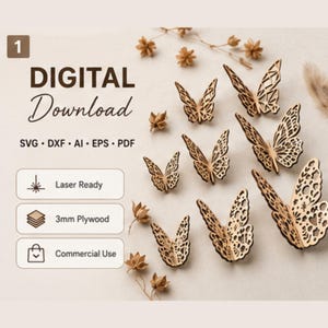 Puede incluir: Un conjunto de archivos digitales para descarga que incluye formatos SVG, DXF, AI, EPS y PDF para recortes de mariposas en madera contrachapada de 3 mm. La imagen muestra varias formas de mariposas caladas, de color marr&oacute;n claro.