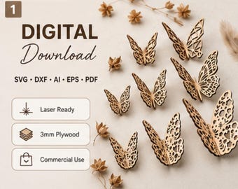 Paquete de archivos de mariposas 3D para corte láser, conjunto de plantillas SVG decorativas (descarga digital)