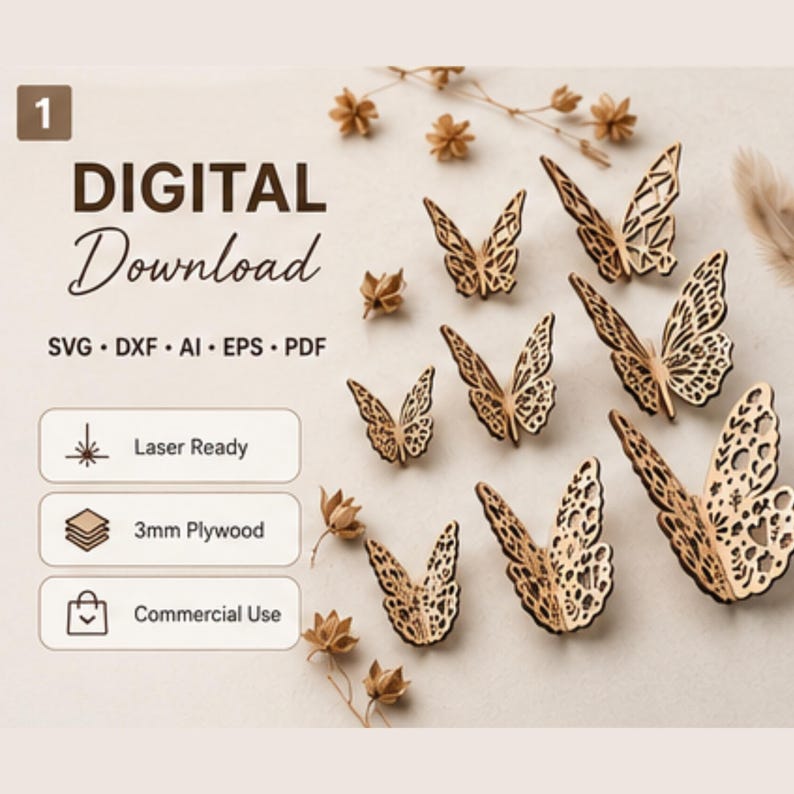 Puede incluir: Un conjunto de archivos digitales para descarga que incluye formatos SVG, DXF, AI, EPS y PDF para recortes de mariposas en madera contrachapada de 3 mm. La imagen muestra varias formas de mariposas caladas, de color marr&oacute;n claro.