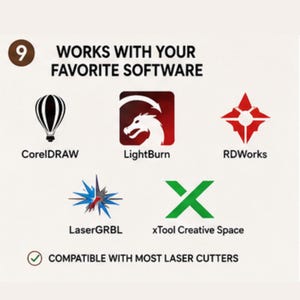 May include: A graphic displaying the text 9 WORKS WITH YOUR FAVORITE SOFTWARE and COMPATIBLE WITH MOST LASER CUTTERS. It features five software logos: CorelDRAW, LightBurn, RDWorks, LaserGRBL, and xTool Creative Space, each with its own icon.