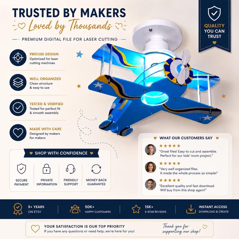 Peut inclure: Un fichier num&eacute;rique pour d&eacute;coupe laser repr&eacute;sentant un biplan bleu et jaune. L'image contient du texte tel que TRUSTED BY MAKERS, Loved by Thousands, PREMIUM DIGITAL FILE FOR LASER CUTTING, WHAT OUR CUSTOMERS SAY et SHOP WITH CONFIDENCE.