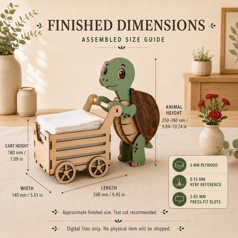Pode incluir: Uma figura de tartaruga de madeira empurrando um carrinho, com texto indicando as dimens&otilde;es finais: altura do animal 250-260 mm, altura do carrinho 180 mm, largura 140 mm e comprimento 240 mm, al&eacute;m de especifica&ccedil;&otilde;es de material para madeira de 3 mm.