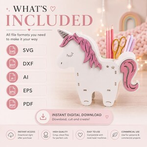 K&ouml;nnte beinhalten: Ein wei&szlig;-rosa Schreibtisch-Organizer in Einhornform mit einem Fach f&uuml;r Stifte und Scheren. Der Text lautet WHAT'S INCLUDED, SVG, DXF, AI, EPS, PDF und INSTANT DIGITAL DOWNLOAD. Das Design zeigt eine rosa M&auml;hne, einen Schweif und ein Horn.