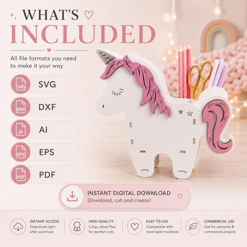 K&ouml;nnte beinhalten: Ein wei&szlig;-rosa Schreibtisch-Organizer in Einhornform mit einem Fach f&uuml;r Stifte und Scheren. Der Text lautet WHAT'S INCLUDED, SVG, DXF, AI, EPS, PDF und INSTANT DIGITAL DOWNLOAD. Das Design zeigt eine rosa M&auml;hne, einen Schweif und ein Horn.