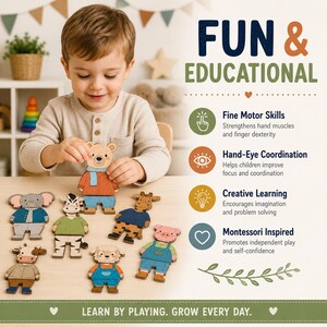 May include: A set of wooden animal puzzle pieces featuring a bear, elephant, zebra, giraffe, cow, sheep, and pig, each wearing colorful clothing. The text reads FUN & EDUCATIONAL, Fine Motor Skills, Hand-Eye Coordination, Creative Learning, Montessori Inspired, and LEARN BY PLAYING. GROW EVERY DAY.