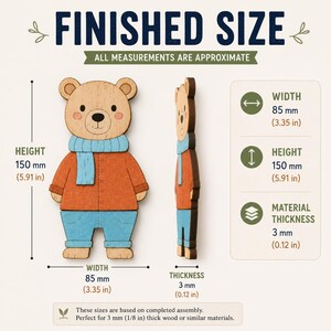 May include: A wooden bear cutout wearing a blue scarf, orange shirt, and blue pants. The graphic displays dimensions of 5.91 inches in height, 3.35 inches in width, and 0.12 inches in thickness, with text labels for finished size and measurements.