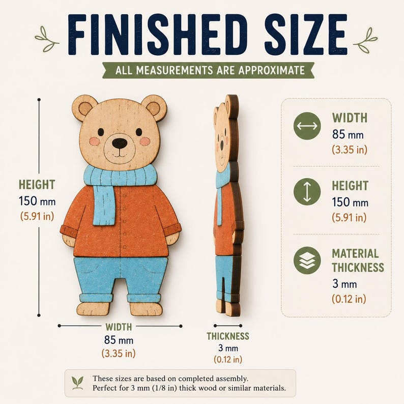 May include: A wooden bear cutout wearing a blue scarf, orange shirt, and blue pants. The graphic displays dimensions of 5.91 inches in height, 3.35 inches in width, and 0.12 inches in thickness, with text labels for finished size and measurements.
