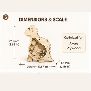 May include: A light-colored wooden dinosaur cutout featuring a layered interior scene with a smaller dinosaur, palm trees, and mountains. The dimensions are 8.66 inches high, 7.87 inches wide, and 2.56 inches deep, optimized for 3mm plywood.