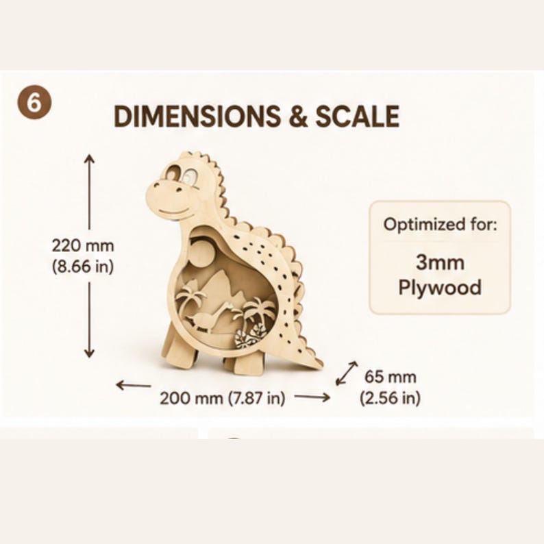 May include: A light-colored wooden dinosaur cutout featuring a layered interior scene with a smaller dinosaur, palm trees, and mountains. The dimensions are 8.66 inches high, 7.87 inches wide, and 2.56 inches deep, optimized for 3mm plywood.