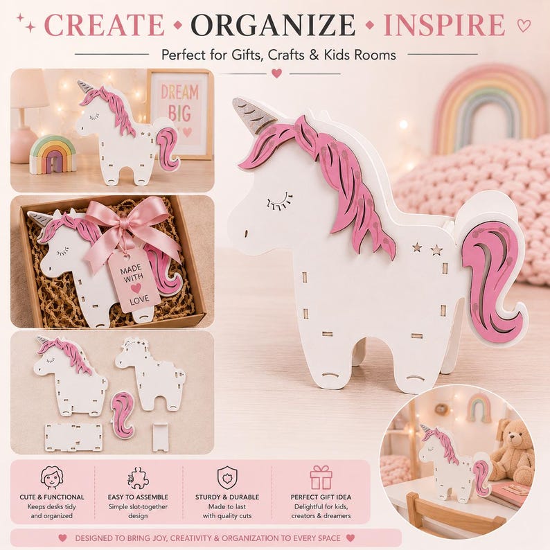 K&ouml;nnte beinhalten: Ein wei&szlig;er Schreibtisch-Organizer in Einhornform mit rosa M&auml;hne und Schweif. Das Produkt hat ein Steckdesign und wird sowohl zusammengebaut als auch in Einzelteilen gezeigt. Inklusive Geschenkbox mit rosa Schleife und Anh&auml;nger mit der Aufschrift MADE WITH LOVE.