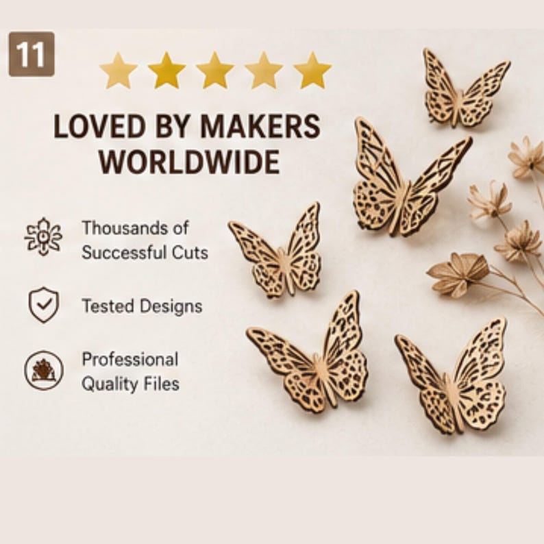 Puede incluir: Cinco formas de mariposa de madera color canela cortadas con l&aacute;ser con intrincados patrones en las alas. El texto dice: 11, LOVED BY MAKERS WORLDWIDE, Thousands of Successful Cuts, Tested Designs, Professional Quality Files y cinco estrellas doradas.