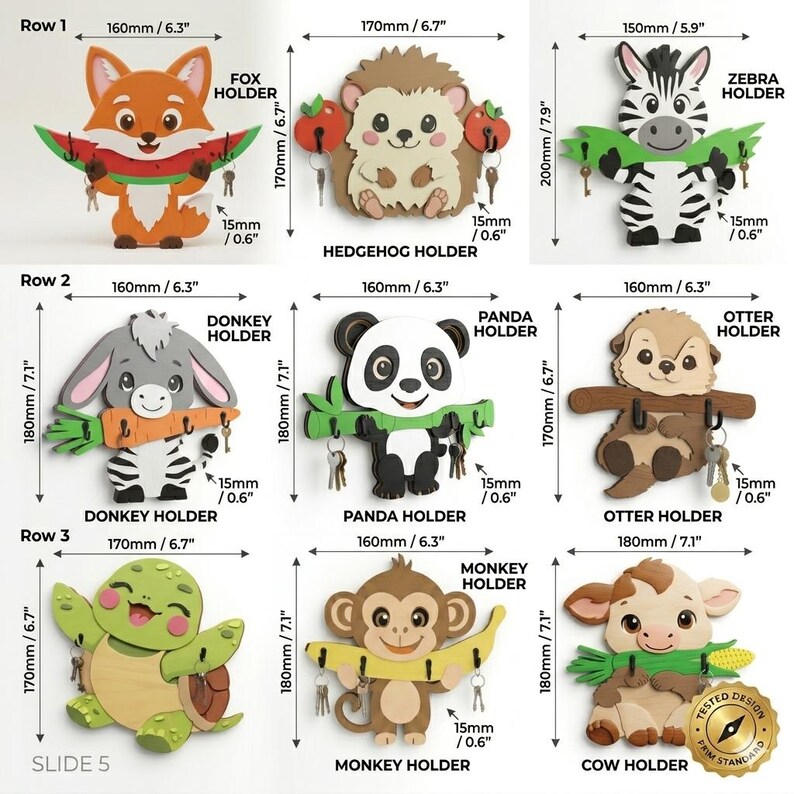May include: A collection of nine wooden animal-shaped wall key holders, including a fox, hedgehog, zebra, donkey, panda, otter, turtle, monkey, and cow. Each holder features hooks for keys and includes printed dimensions in millimetres and inches.
