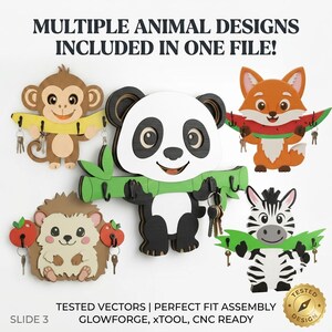 May include: A collection of five wooden animal-shaped key holders featuring a monkey with a banana, a panda with bamboo, a fox with a watermelon slice, a hedgehog with apples, and a zebra with leaves. Text reads: MULTIPLE ANIMAL DESIGNS INCLUDED IN ONE FILE! TESTED VECTORS | PERFECT FIT ASSEMBLY GLOWFORGE, XTOOL, CNC READY SLIDE 3.