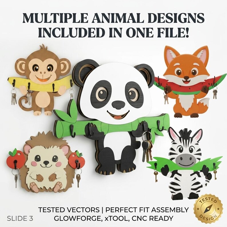 May include: A collection of five wooden animal-shaped key holders featuring a monkey with a banana, a panda with bamboo, a fox with a watermelon slice, a hedgehog with apples, and a zebra with leaves. Text reads: MULTIPLE ANIMAL DESIGNS INCLUDED IN ONE FILE! TESTED VECTORS | PERFECT FIT ASSEMBLY GLOWFORGE, XTOOL, CNC READY SLIDE 3.