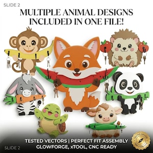 Animal Key Holder SVG Bundle with fox, hedgehog, zebra, donkey, panda, otter, turtle, monkey and cow laser cut files. Dimensions for each design shown. Digital download for Glowforge, xTool and CNC.