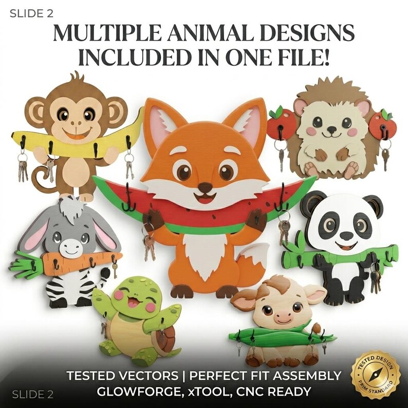Animal Key Holder SVG Bundle with fox, hedgehog, zebra, donkey, panda, otter, turtle, monkey and cow laser cut files. Dimensions for each design shown. Digital download for Glowforge, xTool and CNC.