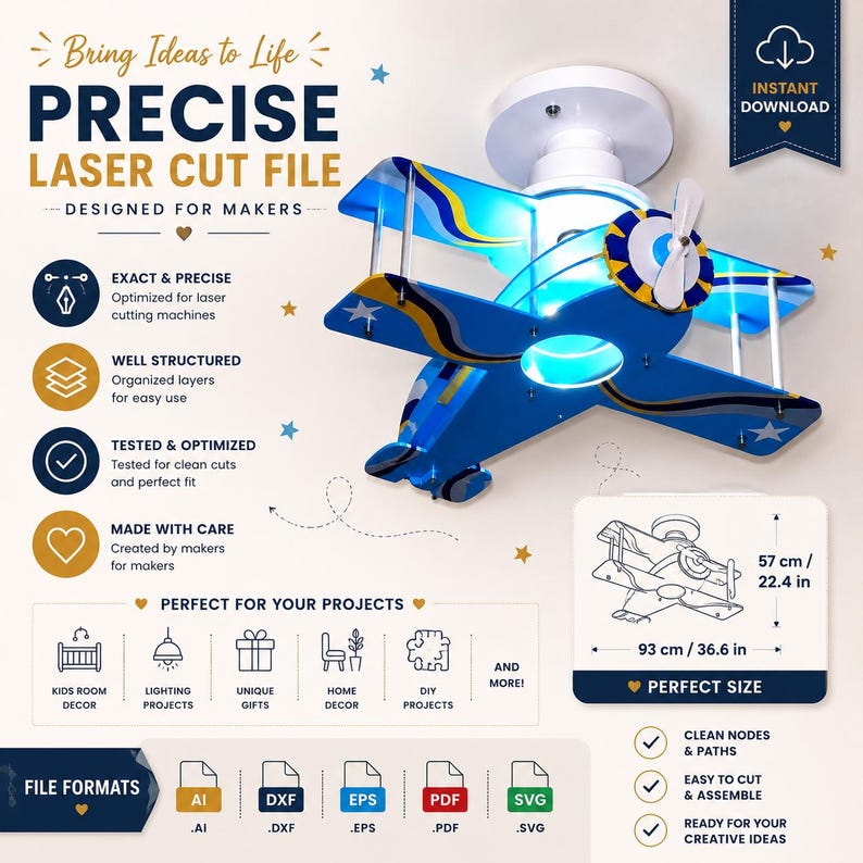 Peut inclure: Un fichier num&eacute;rique pour une lampe de plafond en forme d'avion d&eacute;coup&eacute;e au laser. Le design pr&eacute;sente un biplan bleu avec des accents jaunes et blancs, une h&eacute;lice blanche et un support circulaire. Inclut des dimensions de 93 cm sur 57 cm.