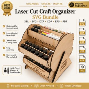 May include: A light-colored wooden craft organizer with three tiered shelves designed for laser cutting. The unit features slots for paint bottles and markers, with the engraved text: The best way to predict your future is to create it.
