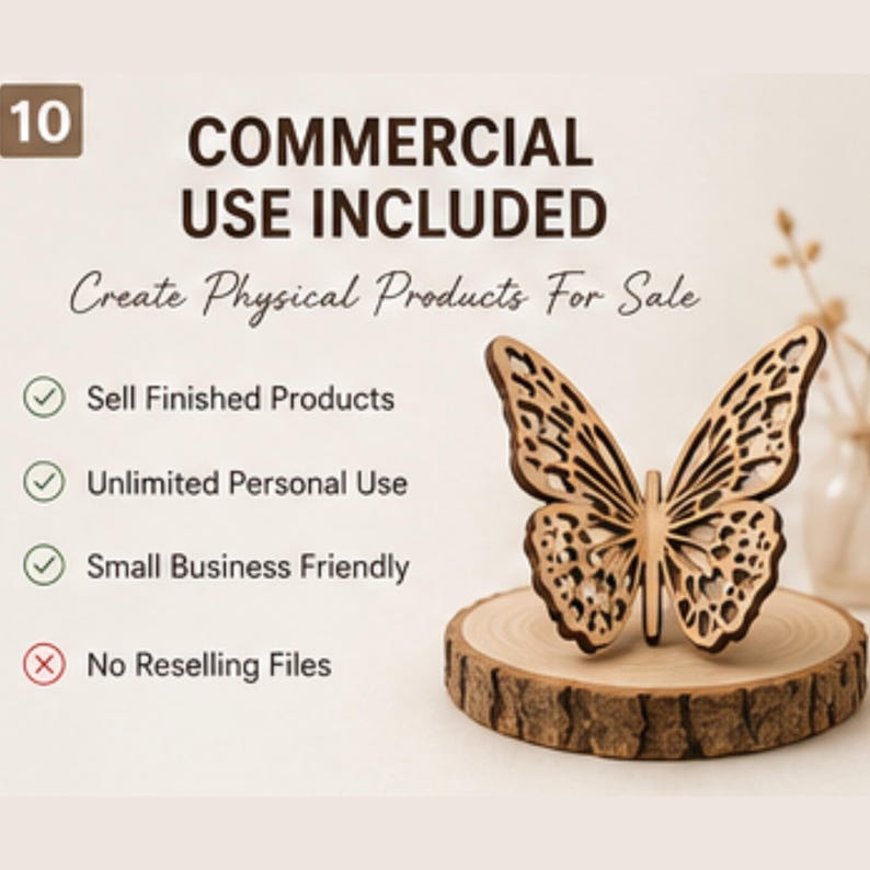 Puede incluir: Una mariposa de madera cortada con l&aacute;ser sobre una base de rodaja de madera. El texto dice: 10 COMMERCIAL USE INCLUDED, Create Physical Products For Sale, Sell Finished Products, Unlimited Personal Use, Small Business Friendly, No Reselling Files.
