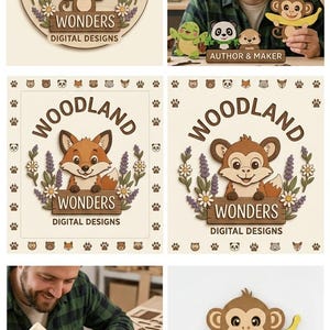 May include: A collection of wooden craft designs featuring cartoon animals including a monkey holding a banana, a fox, and a panda. The designs include text reading WOODLAND WONDERS DIGITAL DESIGNS. Some items function as key holders with metal hooks.
