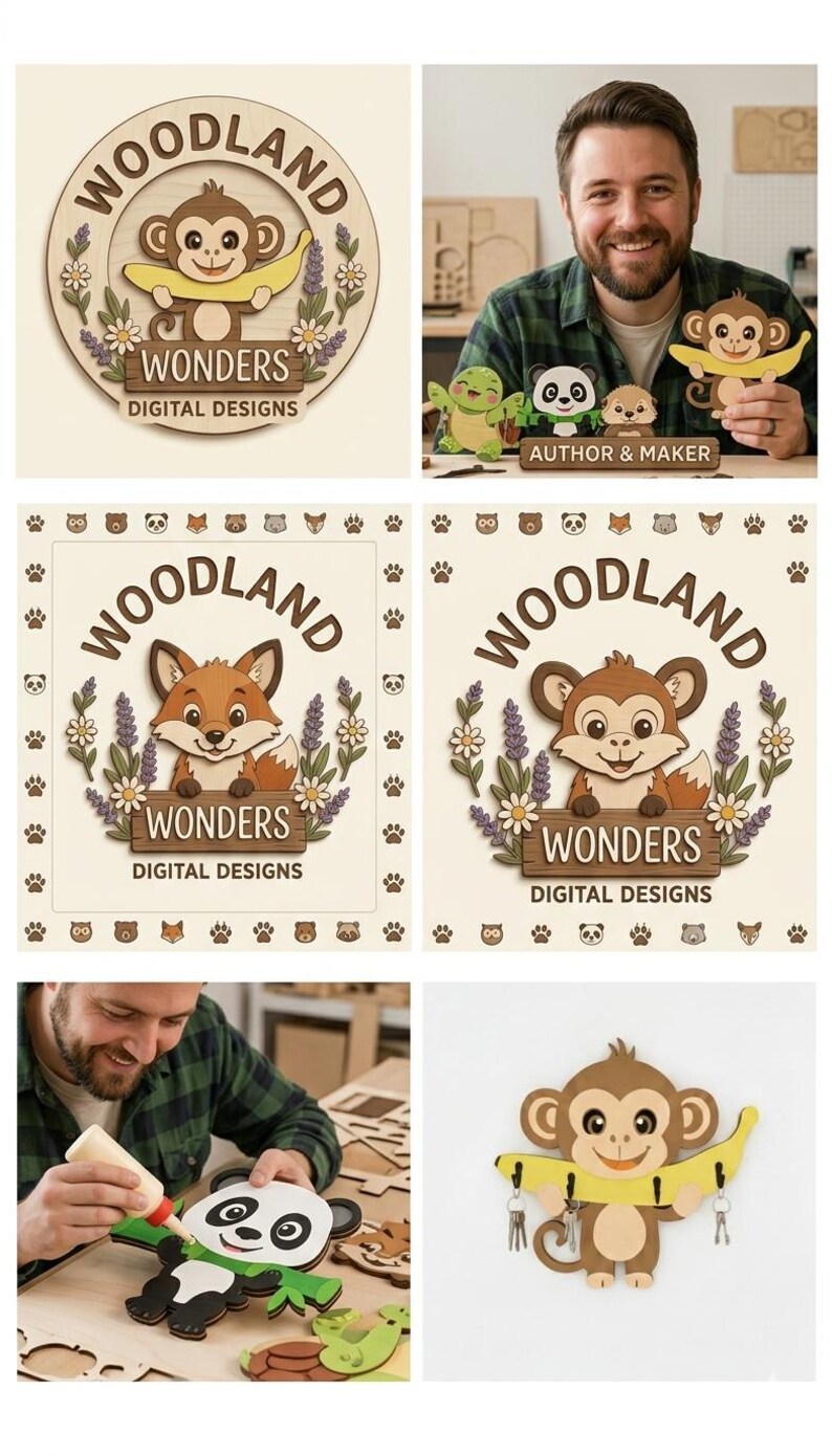 May include: A collection of wooden craft designs featuring cartoon animals including a monkey holding a banana, a fox, and a panda. The designs include text reading WOODLAND WONDERS DIGITAL DESIGNS. Some items function as key holders with metal hooks.