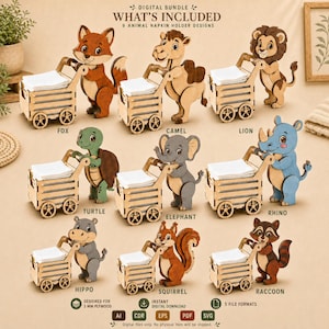 Pode incluir: Um pacote digital de 9 designs de porta-guardanapos com formas de animais: raposa, camelo, le&atilde;o, tartaruga, elefante, rinoceronte, hipop&oacute;tamo, esquilo e guaxinim. Cada carrinho de madeira cont&eacute;m guardanapos brancos. Texto: DIGITAL BUNDLE.