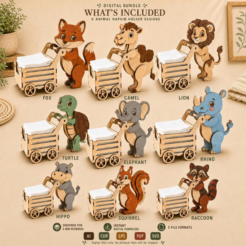 Pode incluir: Um pacote digital de 9 designs de porta-guardanapos com formas de animais: raposa, camelo, le&atilde;o, tartaruga, elefante, rinoceronte, hipop&oacute;tamo, esquilo e guaxinim. Cada carrinho de madeira cont&eacute;m guardanapos brancos. Texto: DIGITAL BUNDLE.