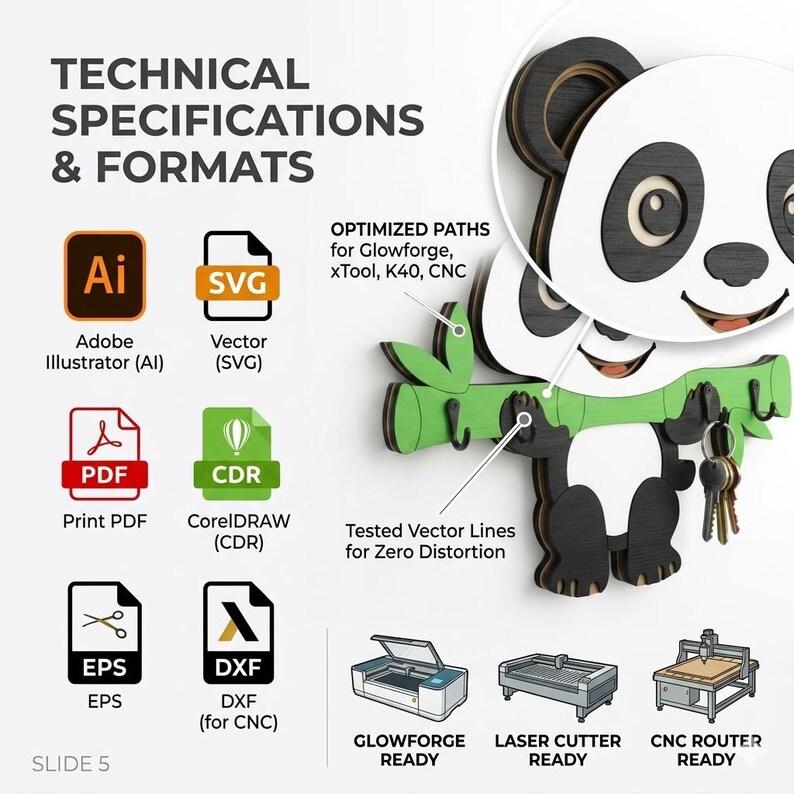 May include: A digital design file for a panda-shaped key holder, featuring a black and white panda holding a green bamboo stalk with hooks. The image displays technical specifications, file formats including Ai, SVG, PDF, CDR, EPS, and DXF, and compatibility with Glowforge, laser cutters, and CNC routers.