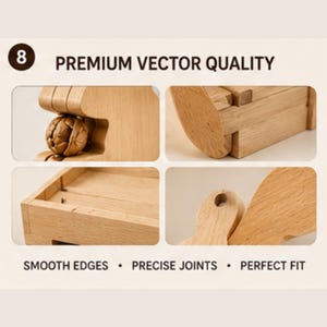 Może przedstawiać: Jasny drewniany przedmiot pokazany w czterech zbliżeniach. Tekst głosi 8 PREMIUM VECTOR QUALITY, SMOOTH EDGES, PRECISE JOINTS oraz PERFECT FIT. Obrazy przedstawiają słoje drewna, orzech włoski w wycięciu oraz połączone drewniane elementy.