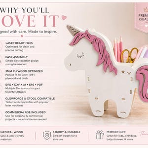 K&ouml;nnte beinhalten: Ein wei&szlig;er Schreibtisch-Organizer aus Holz in Einhornform mit rosa M&auml;hne und Schweif. Das Produkt verf&uuml;gt &uuml;ber ein Steckdesign zur Aufbewahrung von Stiften und Schreibwaren. Der Text auf dem Bild enth&auml;lt 'WHY YOU'LL LOVE IT' und 'PREMIUM QUALITY'.
