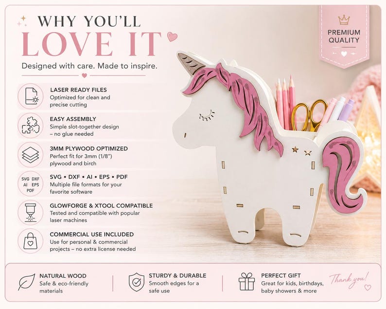 K&ouml;nnte beinhalten: Ein wei&szlig;er Schreibtisch-Organizer aus Holz in Einhornform mit rosa M&auml;hne und Schweif. Das Produkt verf&uuml;gt &uuml;ber ein Steckdesign zur Aufbewahrung von Stiften und Schreibwaren. Der Text auf dem Bild enth&auml;lt 'WHY YOU'LL LOVE IT' und 'PREMIUM QUALITY'.