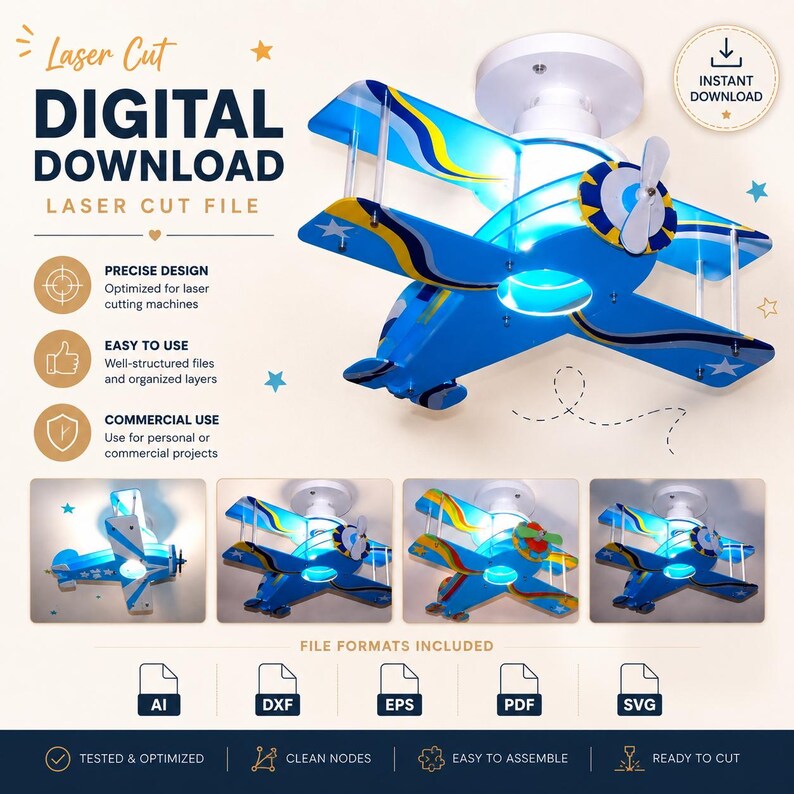 Peut inclure: Un fichier de d&eacute;coupe laser en t&eacute;l&eacute;chargement num&eacute;rique pour un plafonnier en forme d'avion. Le design pr&eacute;sente un biplan bleu avec des accents jaunes et blancs, une h&eacute;lice et des motifs d'&eacute;toiles. Formats AI, DXF, EPS, PDF et SVG inclus.