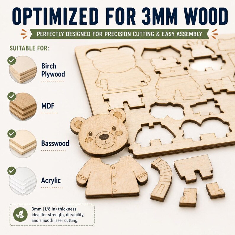 May include: A laser-cut wooden bear puzzle sheet with text reading OPTIMIZED FOR 3MM WOOD. The set includes a bear head, torso, and various small components. Icons indicate compatibility with birch plywood, MDF, basswood, and acrylic materials.