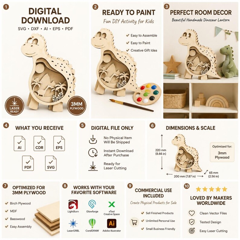 Dinosaur Lantern SVG | Laser Cut Wood Night Light Template (Digital Download) image 11