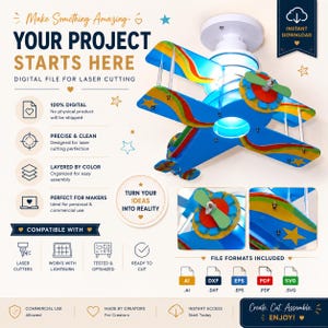 Peut inclure: Un fichier num&eacute;rique pour d&eacute;coupe laser repr&eacute;sentant un biplan multicolore. Le texte indique : Make Something Amazing, YOUR PROJECT STARTS HERE, DIGITAL FILE FOR LASER CUTTING, TURN YOUR IDEAS INTO REALITY, COMPATIBLE WITH, FILE FORMATS INCLUDED.