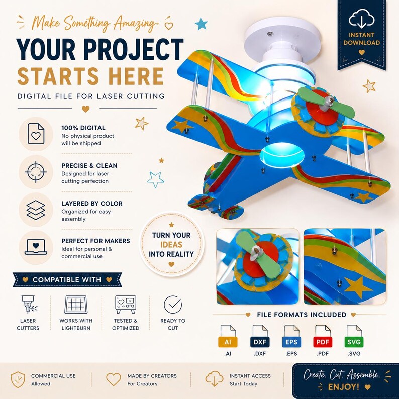 Peut inclure: Un fichier num&eacute;rique pour d&eacute;coupe laser repr&eacute;sentant un biplan multicolore. Le texte indique : Make Something Amazing, YOUR PROJECT STARTS HERE, DIGITAL FILE FOR LASER CUTTING, TURN YOUR IDEAS INTO REALITY, COMPATIBLE WITH, FILE FORMATS INCLUDED.