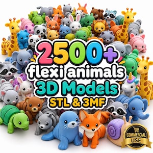 Könnte beinhalten: Eine Sammlung bunter, 3D-gedruckter, beweglicher Tierfiguren wie Giraffen, Elefanten, Füchse und Schildkröten. Der zentrale Text lautet 2500+ flexi animals 3D Models STL & 3MF. Ein goldenes Abzeichen zeigt den Text COMMERCIAL USE.