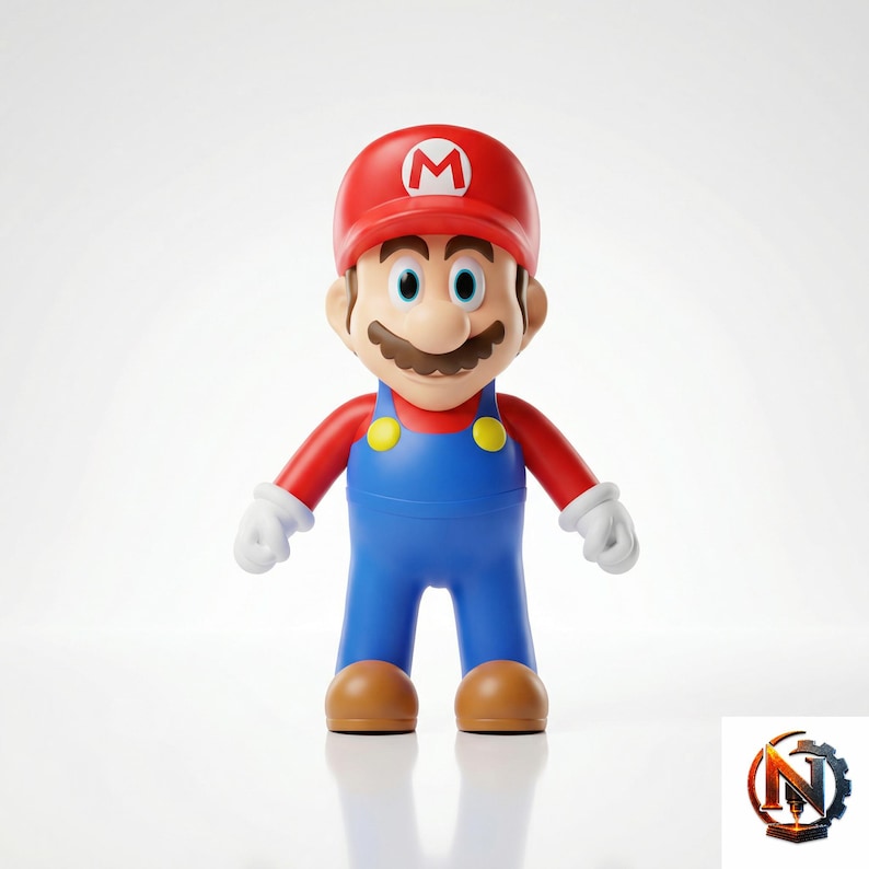 Op de afbeelding: Een Mario-figuur met een rode pet met een wit M-embleem, een rood shirt, een blauwe tuinbroek met gele knopen, witte handschoenen en bruine schoenen. Het personage heeft een beige gezicht, blauwe ogen en een bruine snor in een neutrale houding.