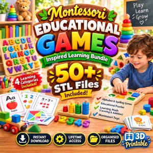 以下が含まれることがあります： 3Dプリント用の50以上のSTLファイルを含むモンテッソーリ教育ゲームのデジタルバンドル。アルファベットボード、数え方のパズル、算数カード、形状ソーターが含まれており、幼児の学習と発達を目的とした教材セットです。
