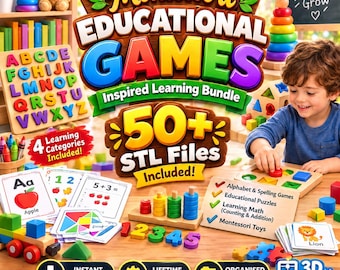 50+ Montessori Educational Games STL Bundle, Alphabet Math Puzzles, 3D Printable Learning Toys